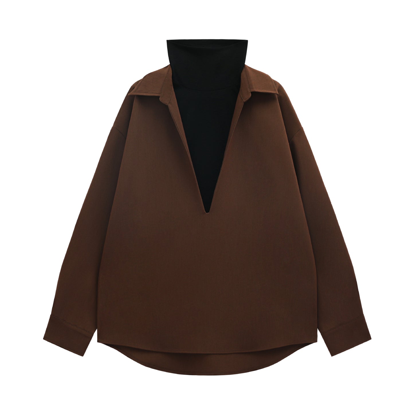 V-neck Long-sleeve Faux Two-piece Patchwork Contrast-color Pullover Shirt