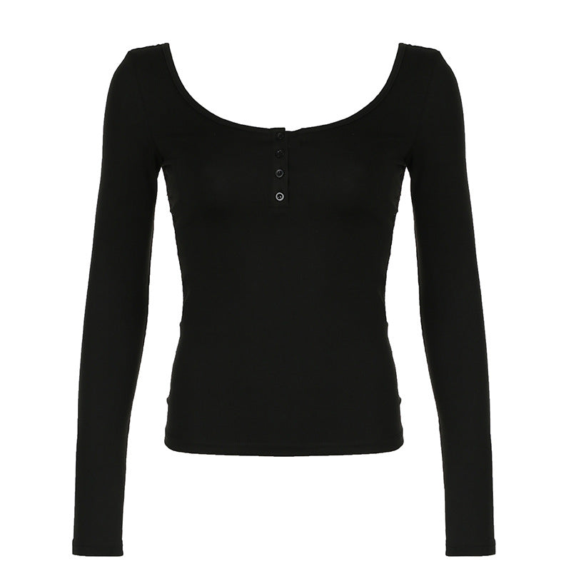 Solid-color U-neck Partially Open-button Slim-fit Base Top