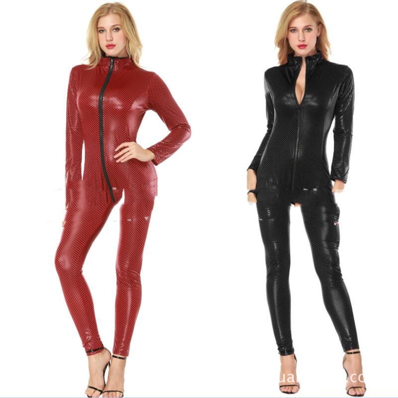 Large Size Plaid Patent Leather Jumpsuit Dance Dress Women