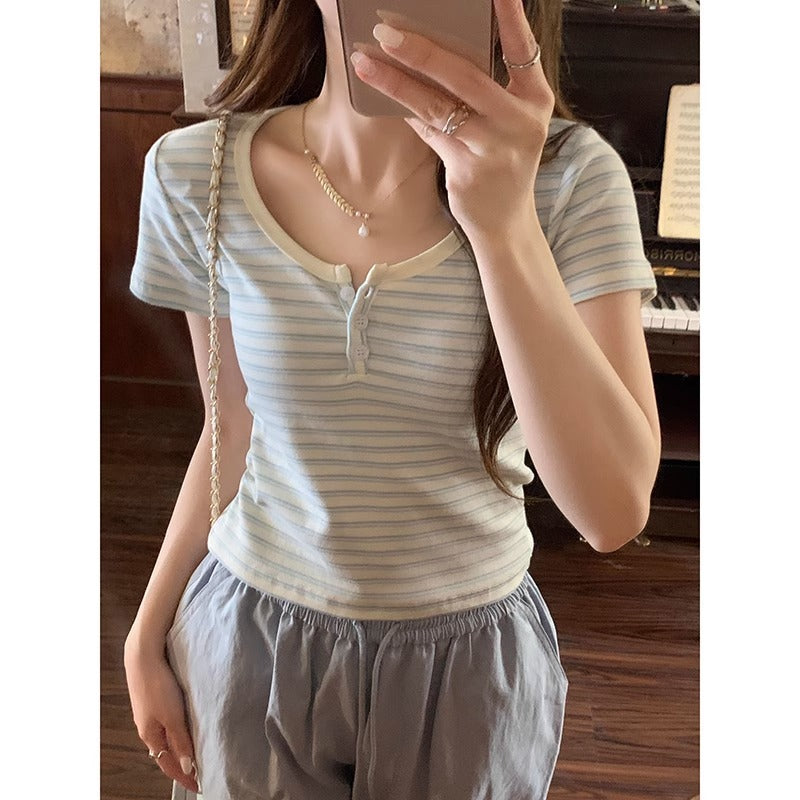 American Retro Shoulder Striped Short Sleeve