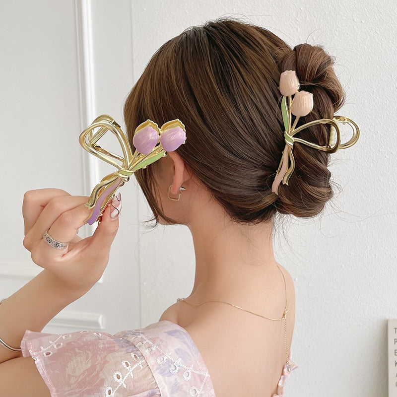 Oliedryppende Tulip Metal Grip Hårklemme Elegant Hårspænde