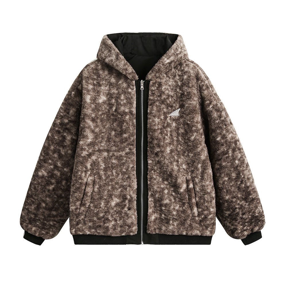 Double-sided Wear Cotton Coat Jacket Men's Leopard Print Imitation Fur Hooded