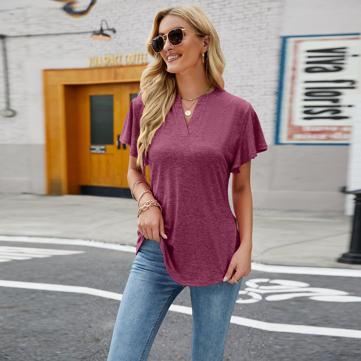 Women's V Neck Flying Sleeve Swallowtail T Shirt Short Sleeved Top