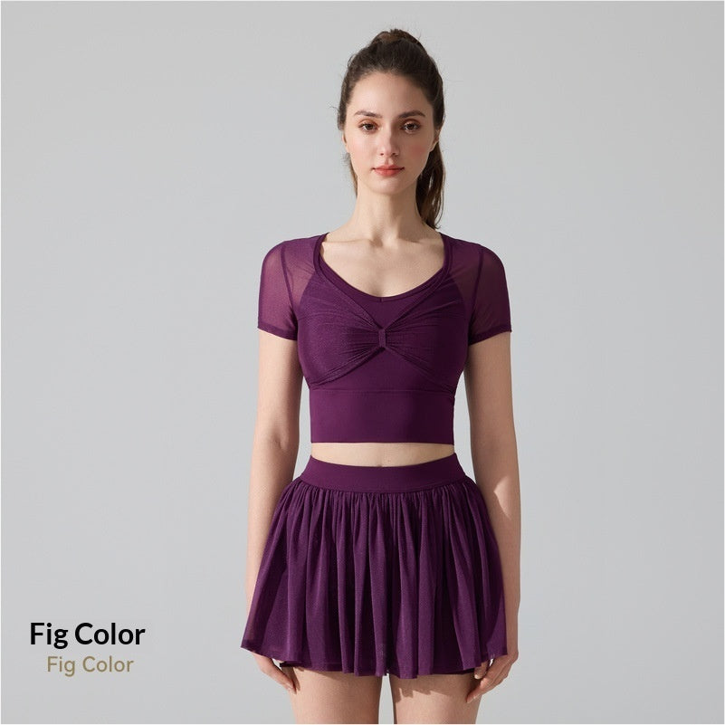 High-Density Mesh Yoga Set TennisBadmintonFitness Sports Skirt RunningPilates Short-Sleeve Top