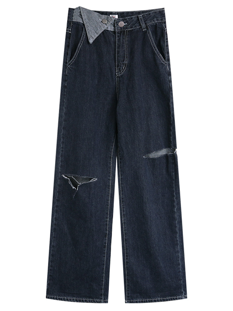 Ladies Ripped High Waist Straight Loose Wide Leg Pants