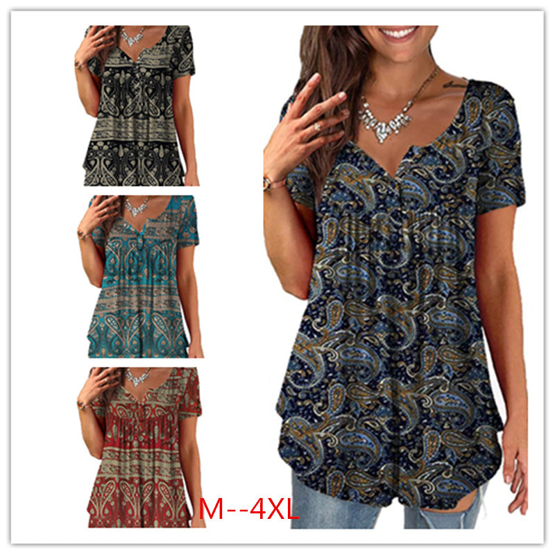 Women's Clothing Summer Fashion New Tops Digital Printing Casual Trend Short Sleeve Henley Shirt
