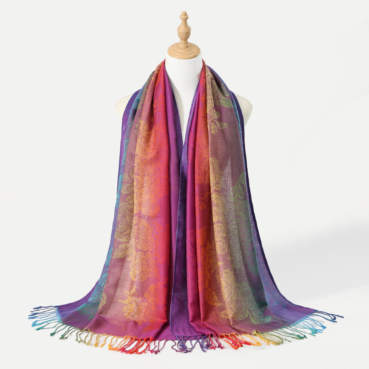 Womens Ethnic-Style Gradient Embroidered Colorful Cashew Tassel Shawl