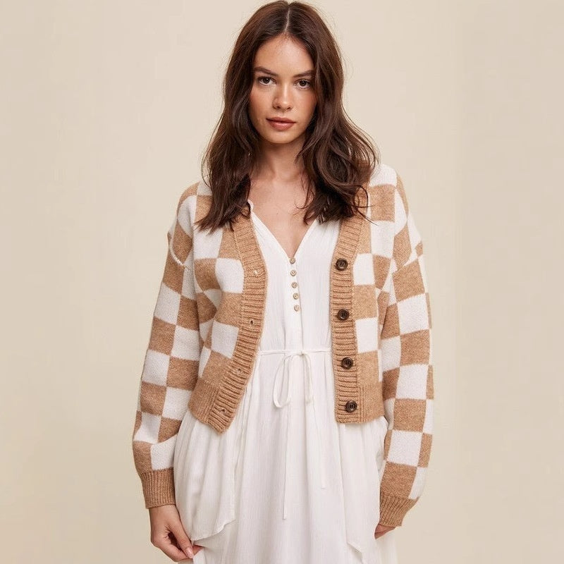 Women's Single-breasted Plaid Commuter Chanel Style Long Sleeve Sweater