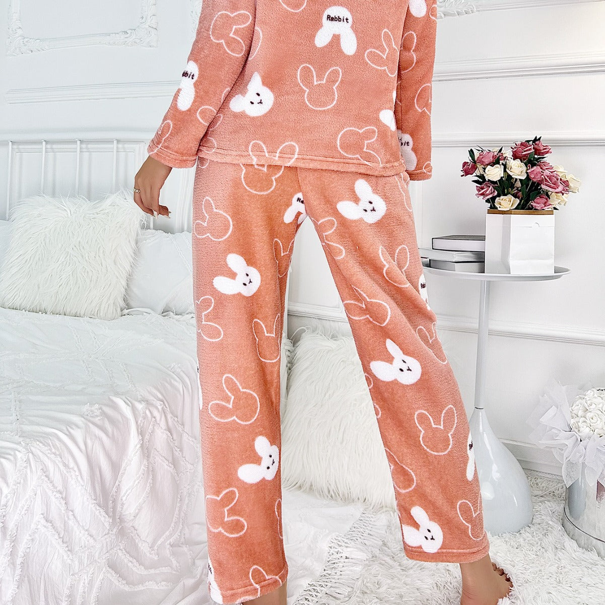 Womens Flannel Cartoon Rabbit-Print Long-Sleeve Pajama Set With Long Pants