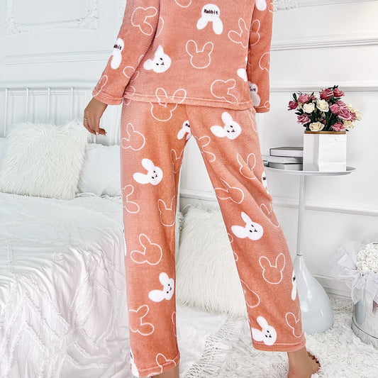Womens Flannel Cartoon Rabbit-Print Long-Sleeve Pajama Set With Long Pants
