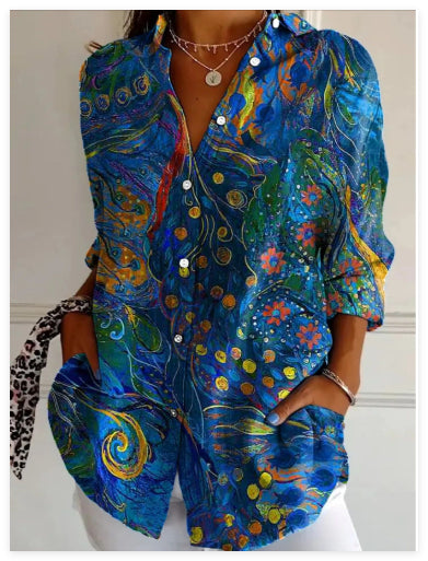 3D Color Matching Printing Pattern Autumn Leisure Loose Shirt Button Top