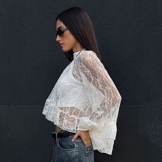 White Lace Jacquard Sheer High-neck Workwear Relaxed-style Long-sleeve Shirt