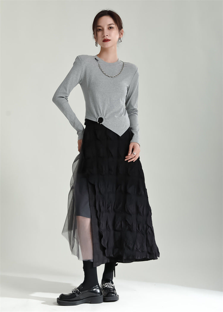 Gray Contrast Color Heavy Industry Stitching Mesh Pleats Skirt For Women