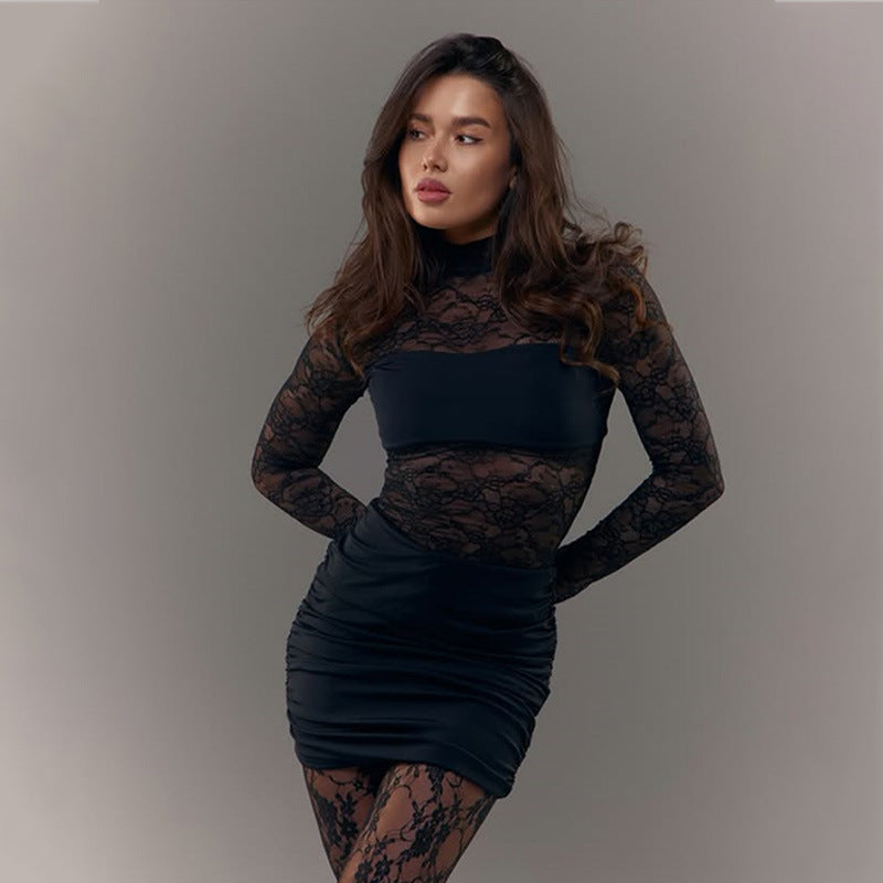 Lace Spliced Slim Fit Sheer Sexy Bodycon Dress Short Skirt