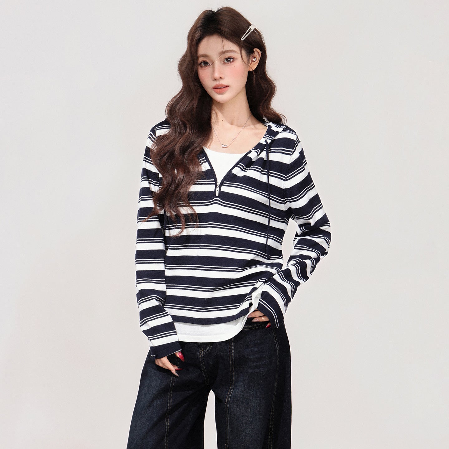 Color-blocked Fake Two-piece Hooded Long-sleeve Women's Undershirt