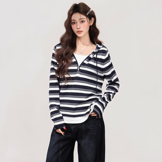 Color-blocked Fake Two-piece Hooded Long-sleeve Women's Undershirt