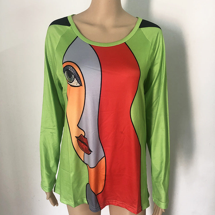 Fashion Loose Round Neck Face Print Long Sleeve Women's T-Shirt