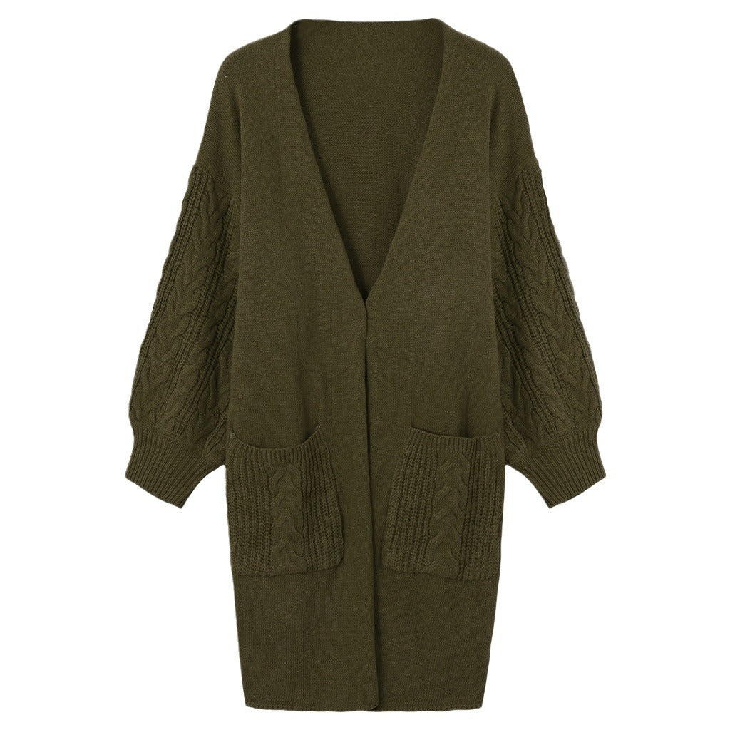 Knitted Cable Lantern Sleeve Coat Sweater