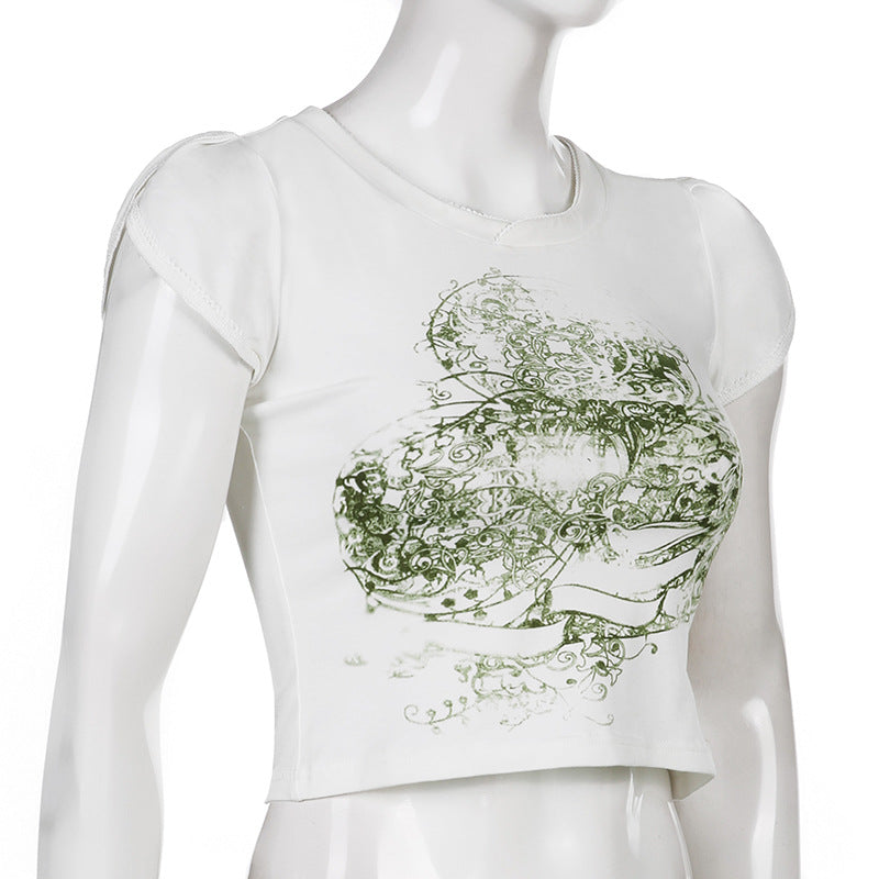 European And American Retro Print Slim Round Neck Cropped T Shirt Top