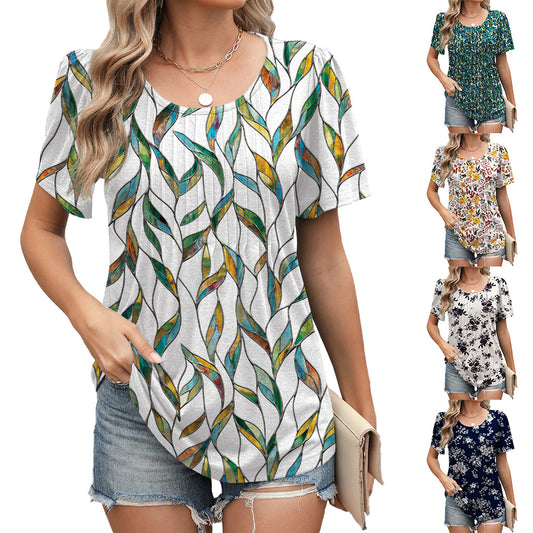 Ny Forårs-/Sommer-T-shirt til kvinder – løstsiddende, kortærmet, rund hals med stribet design og print