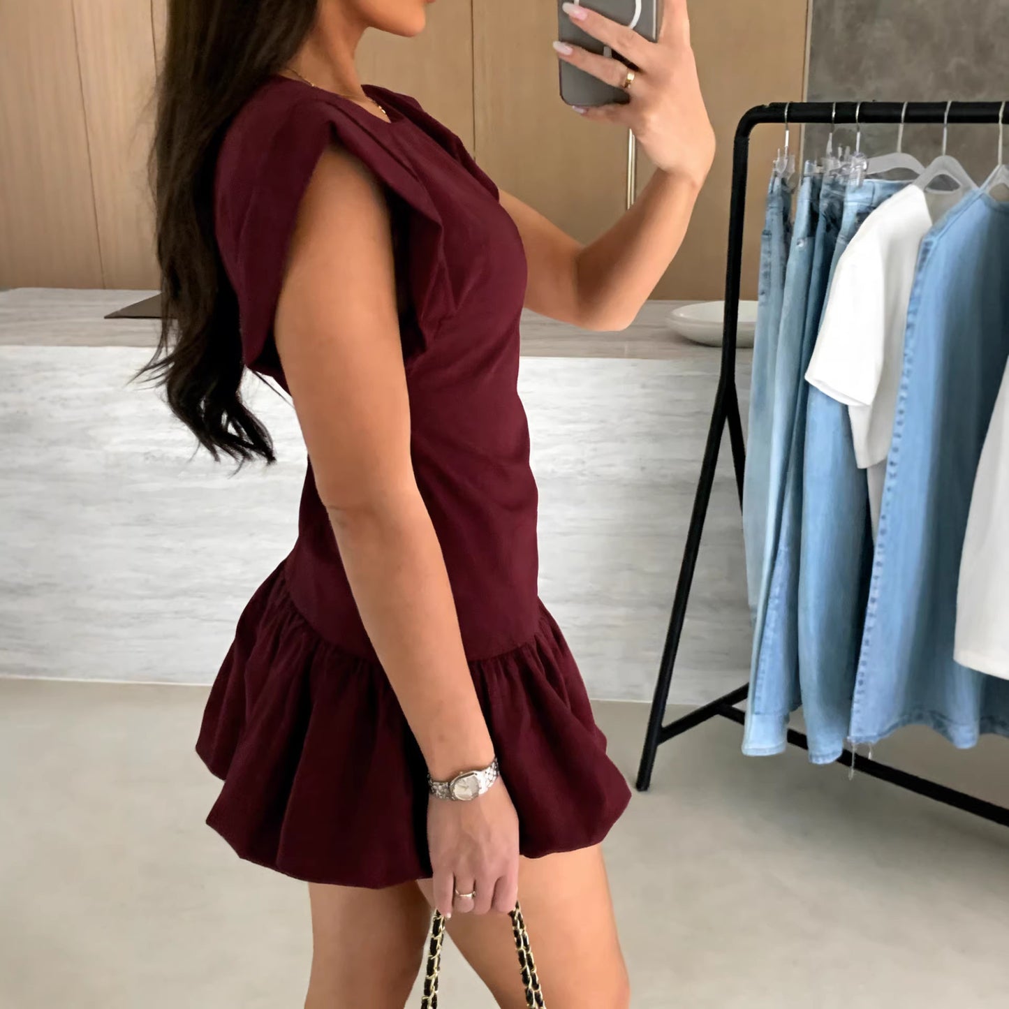 Womens Solid-Color Fashion Short-Sleeve Ruffle-Trim Dress