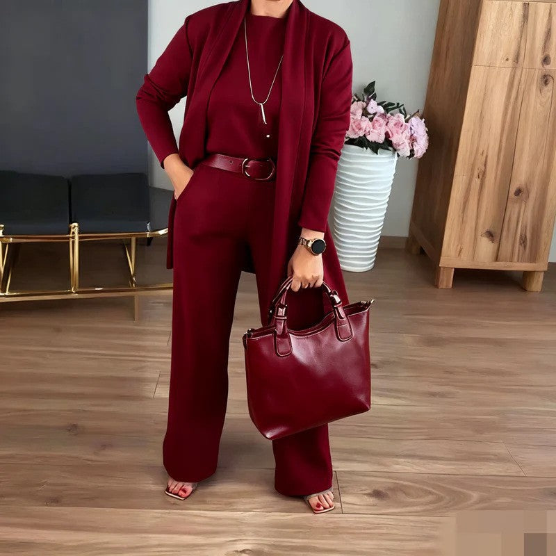 Womens 3-Piece Solid-Color Crew-Neck Long-Sleeve Top Set