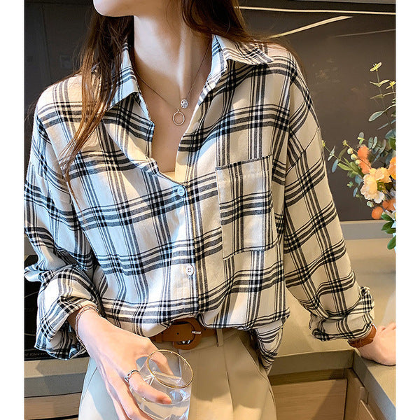 New Retro Hong Kong Style Plaid Shirt Loose Fit
