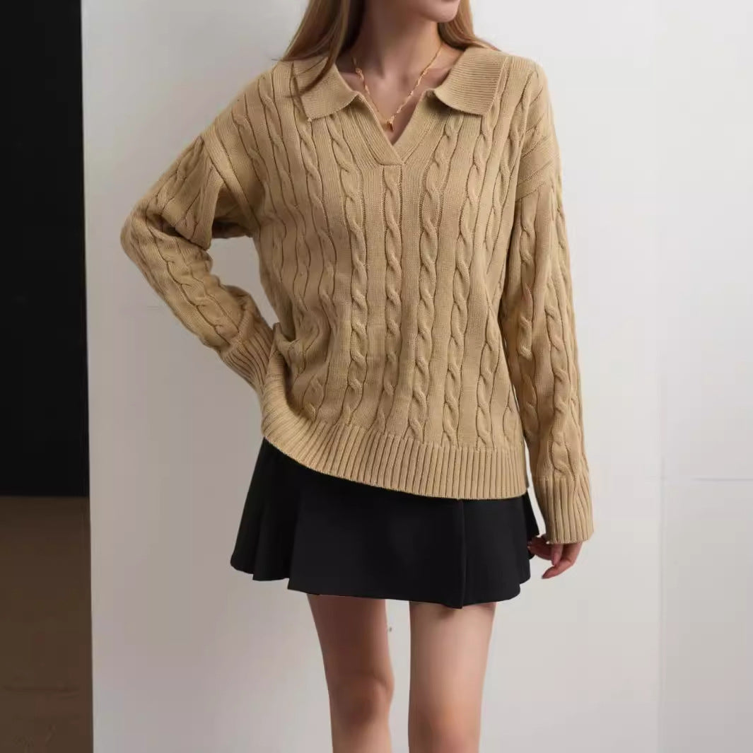 Autumn And Winter European And American Twisted Long Sleeve Lapel Twist V-neck Knitted Pullover