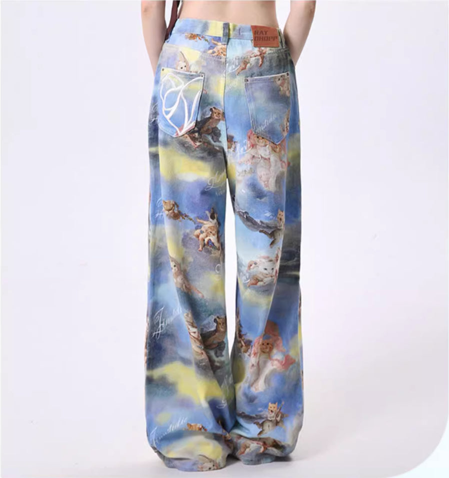 Casual Angel Kitten Oil Painting Printing Wide Leg Pants