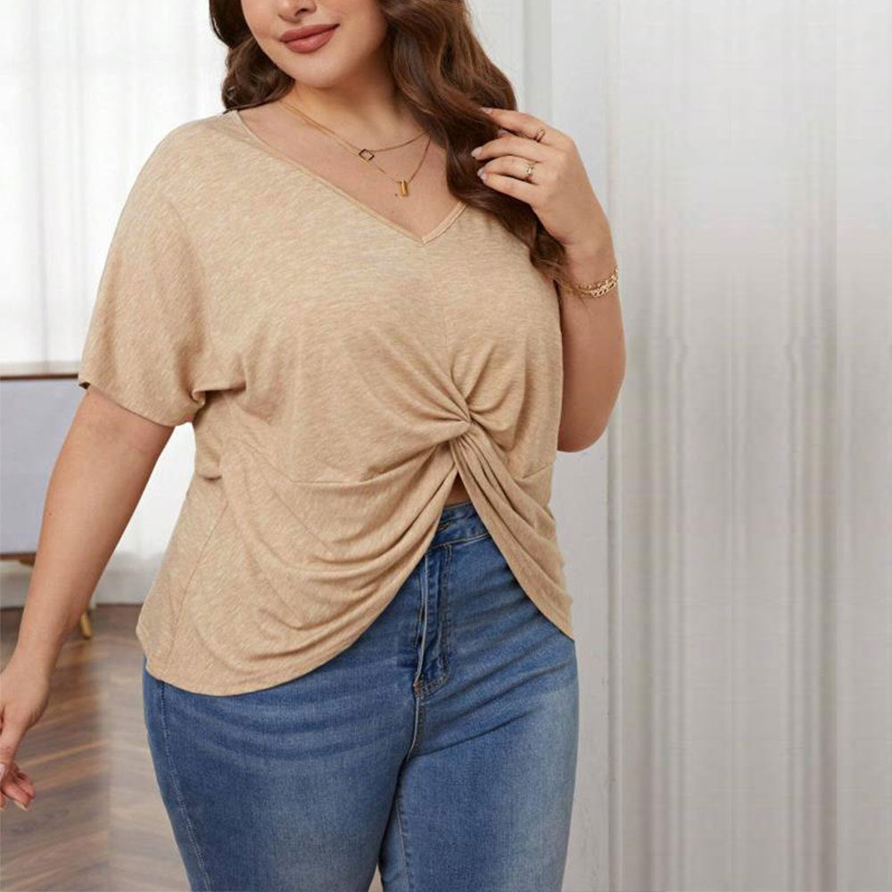 Women's Loose Casual V-neck Short Sleeve Knit Top With Irregular Hem