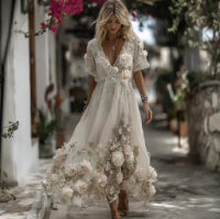 Womens 3D-printed Plant And Floral Retro Elegant V-neck Maxi Dress