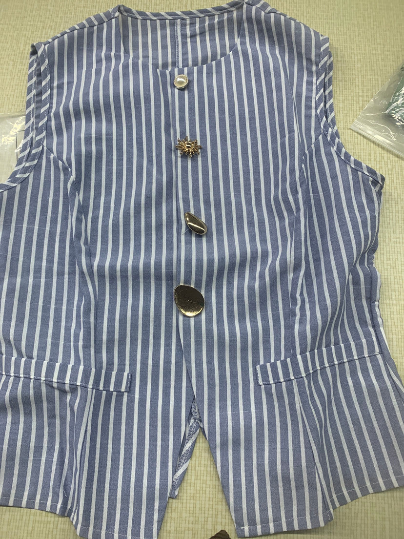 Striped Single-Breasted Vest Fashionable Round-Neck Irregular-Button Tank Top