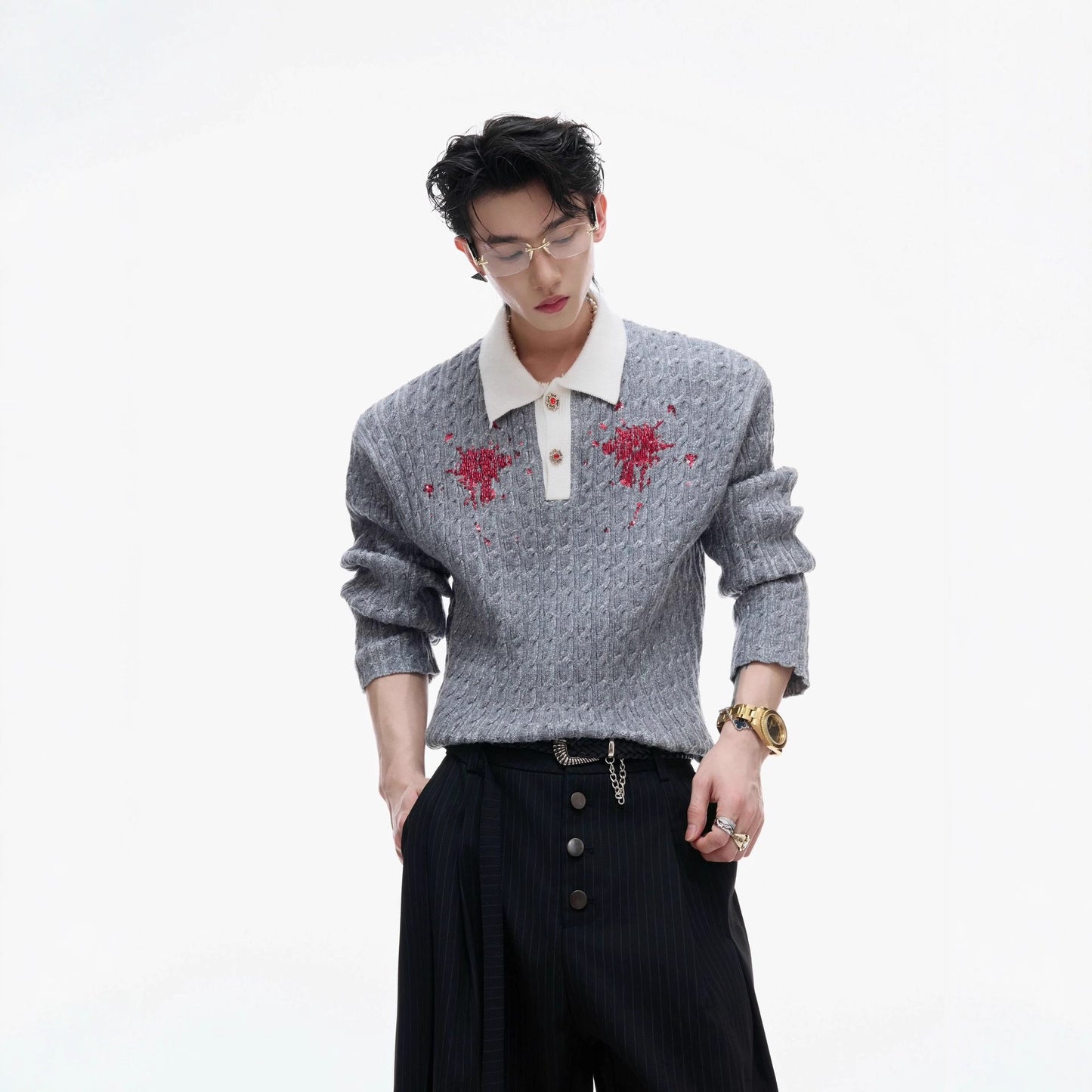 Retro Color-Block Sequin Lapel Sweater Knit Top