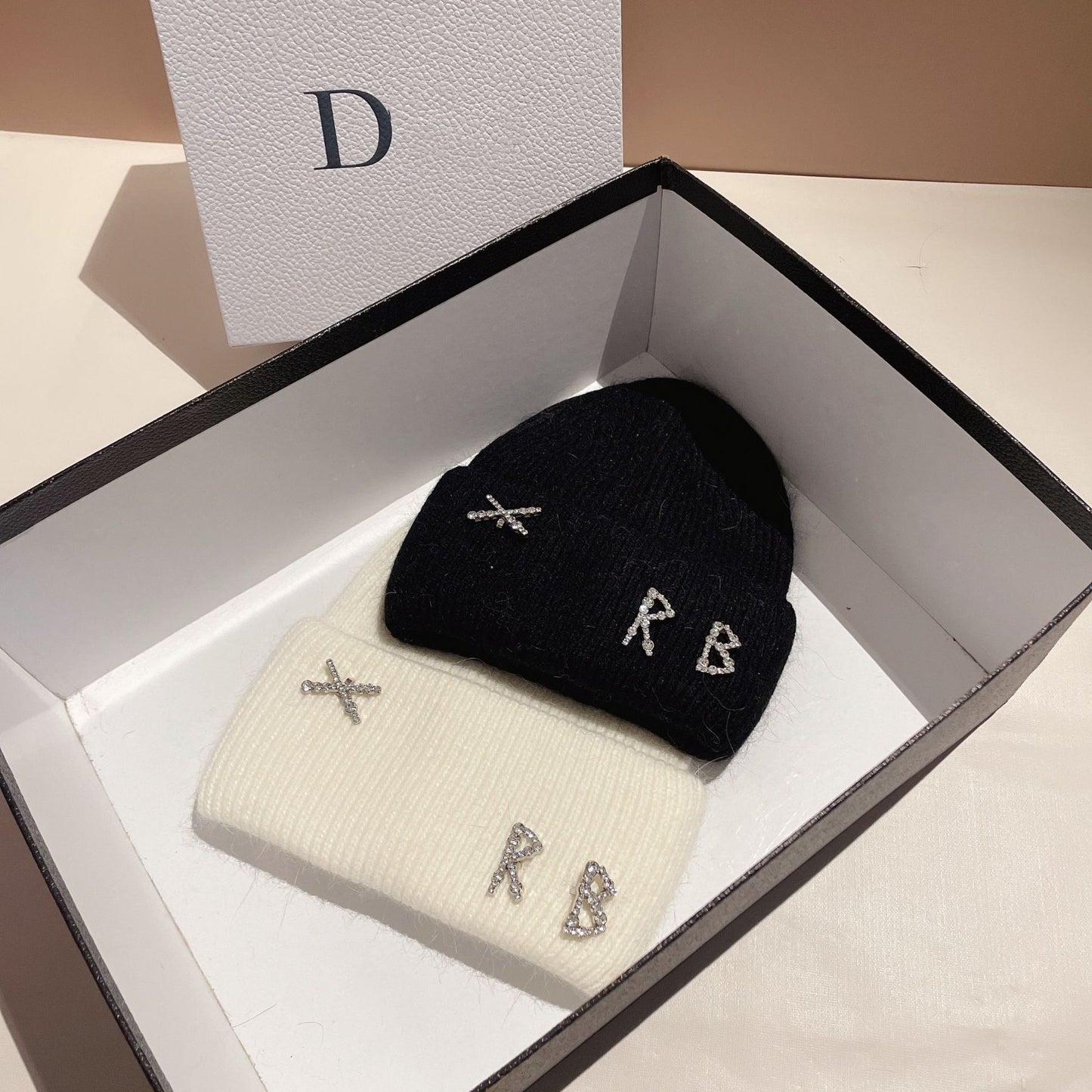 Winter RB Letter Fashion Rabbit Fur Knitted Warm Hat Female
