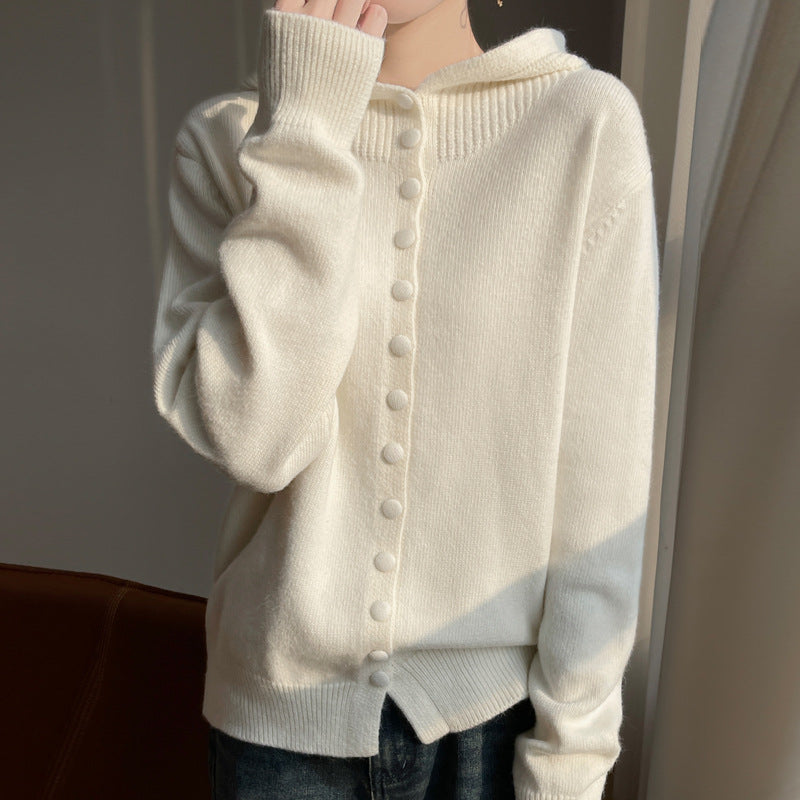Womens Knitted Sweater Stylish Western Style Solid Color All Match Hooded Knit Cardigan