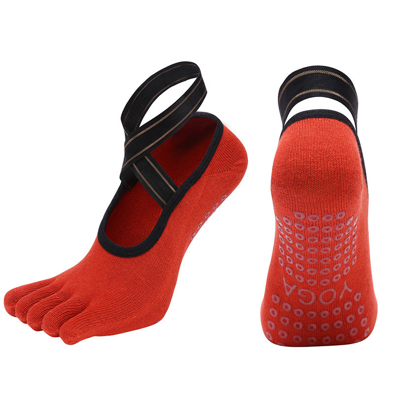 Five Finger Cross Strap Combed Cotton Full Toe Floor Socks