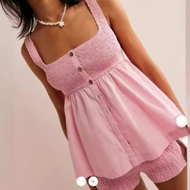 Womens Solid-Colored Suspender Ruched Button-Up Set