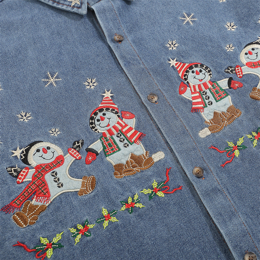 Cartoon Christmas Embroidery Denim Shirt Jacket