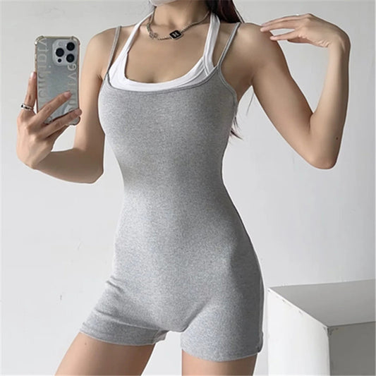 Street-style Chic Casual U-neck Color-block Bodycon Jumpsuit That Flatters Your