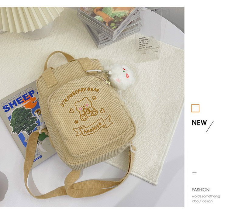 Cute Embroidery Bear Soft Sister Student Corduroy Hand Crossbody Bag