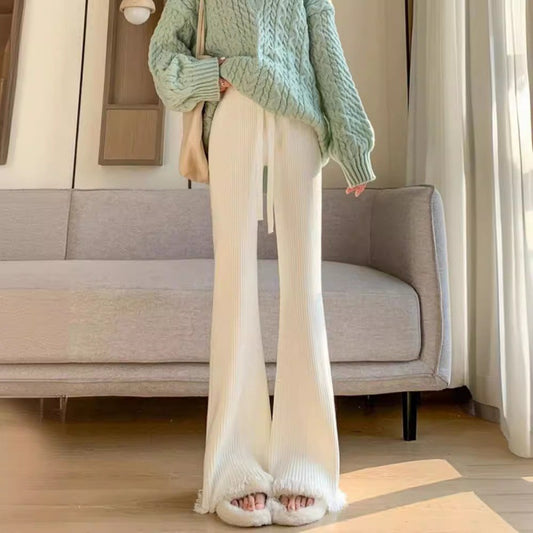 Womens Knitted Thickened High-Waist Straight-Leg Pants