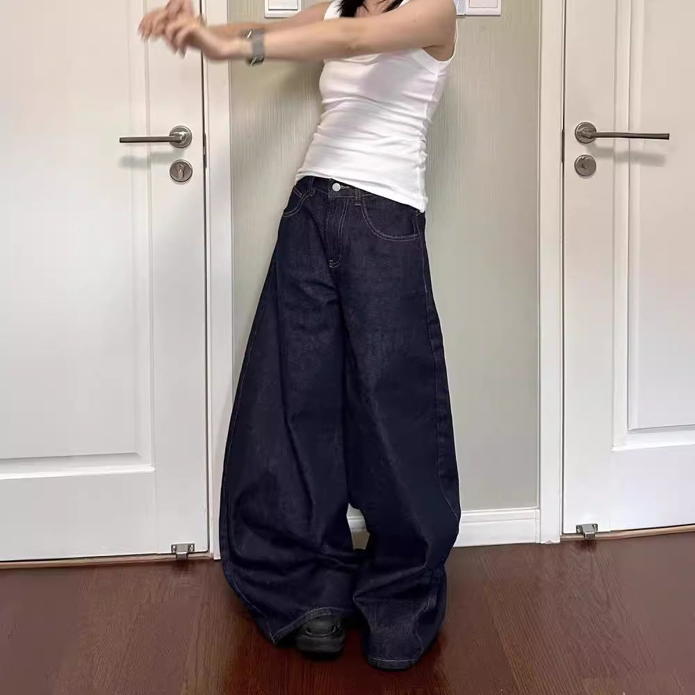 Amerikansk High Street Vibe Mørkeblå Jeans Vasket Løs Høj Talje Lige Gulvlange Bukser