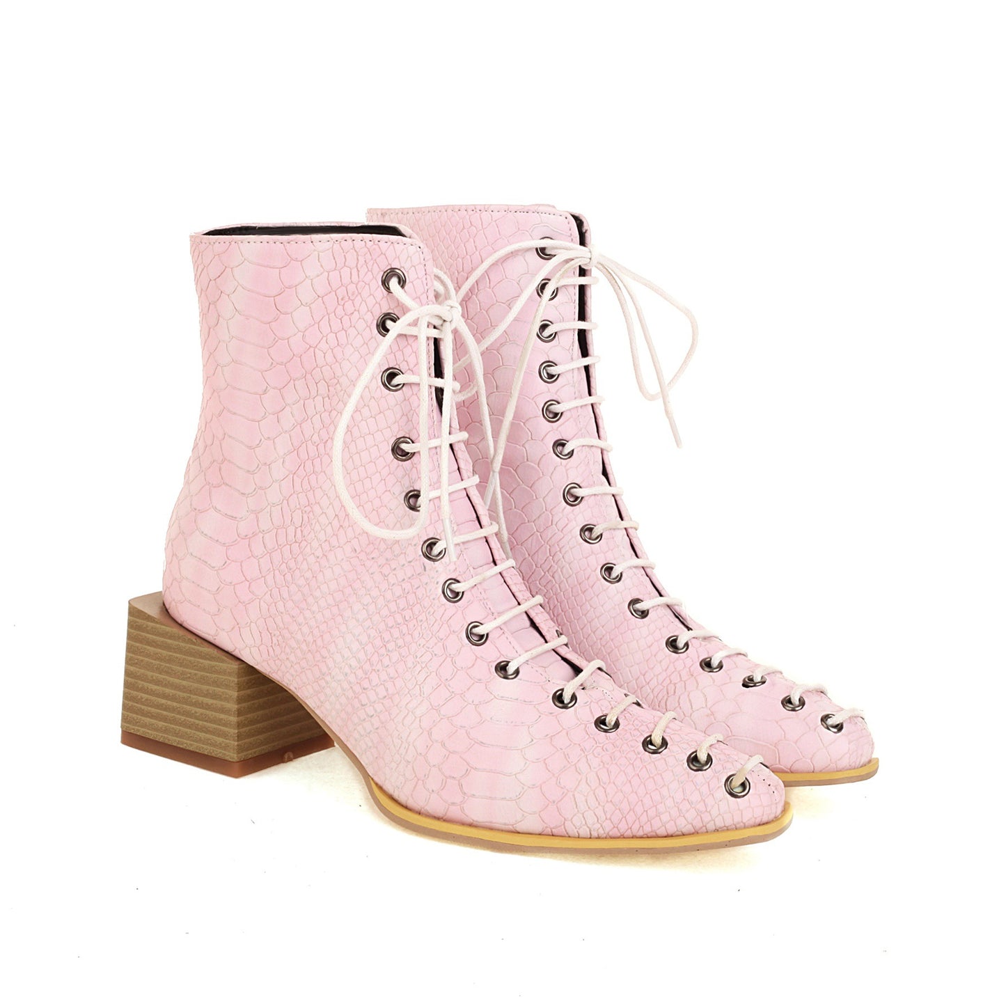 Fashion Mid-heel Square Toe 40414243 Snake Front Lace-up Low-top Women's Boots