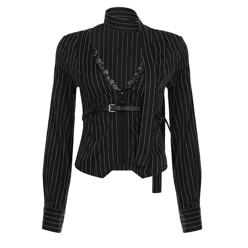 V-neck Sexy Sassy Lace-panel Striped Blouse
