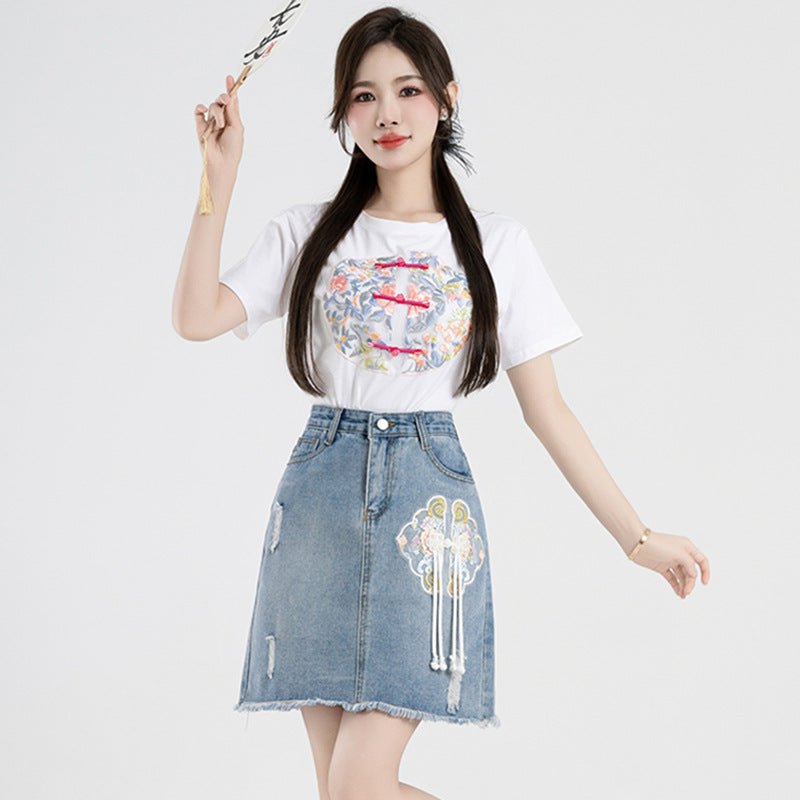 High Waist Slit Denim Skirt Vintage Embroidered Skirt