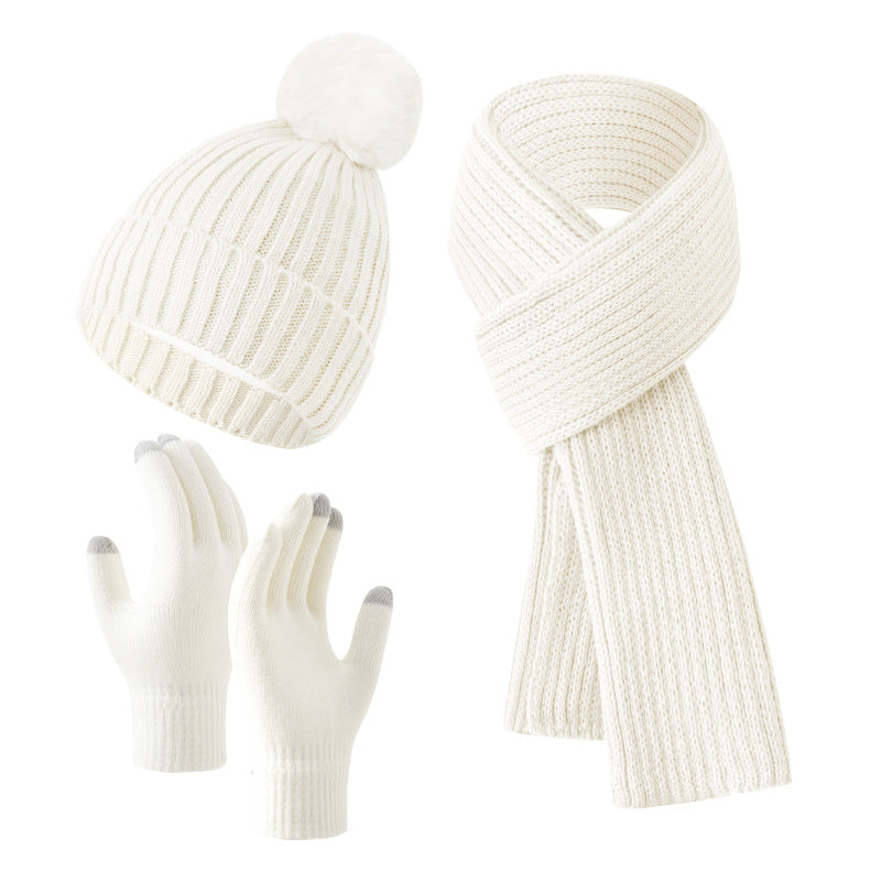 Solid Color Woven Hat Scarf And Gloves Warm Set