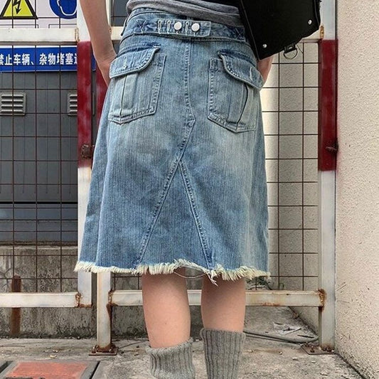 Womens Retro Washed Blue Denim Raw Hem Skirt In American Style