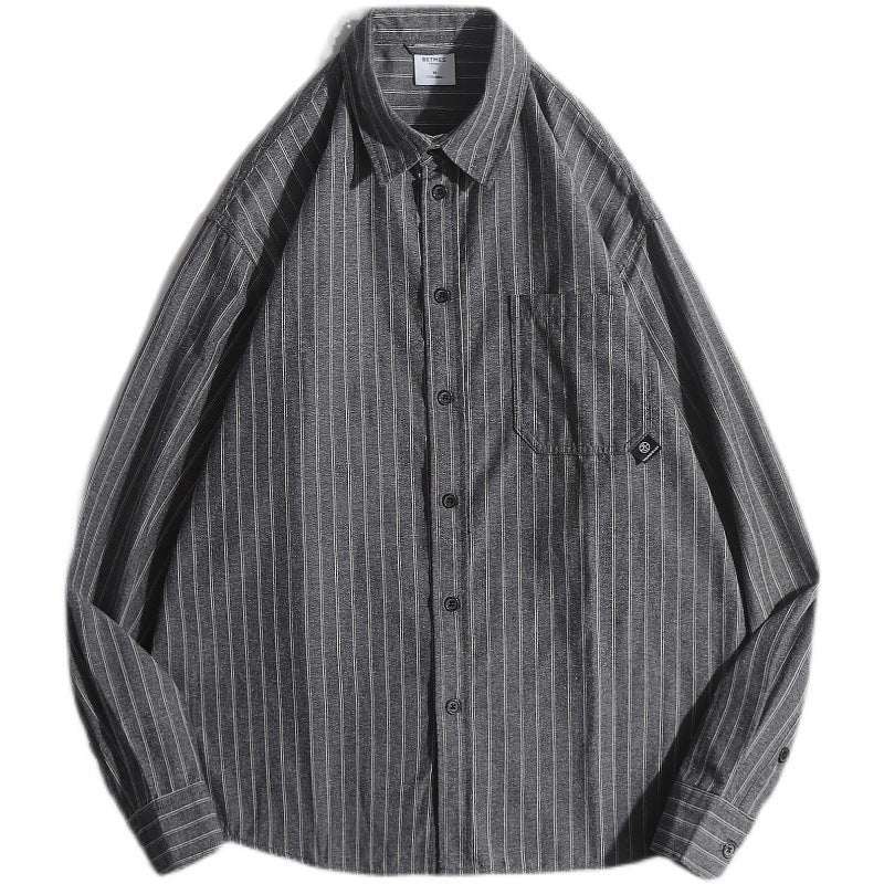 Retro Casual Loose Striped Men's Lapel Long Sleeve Shirt