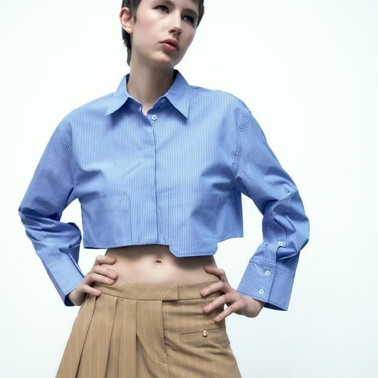 Spring Cross Border Women's Urban Casual Striped Poplin Short Shirt