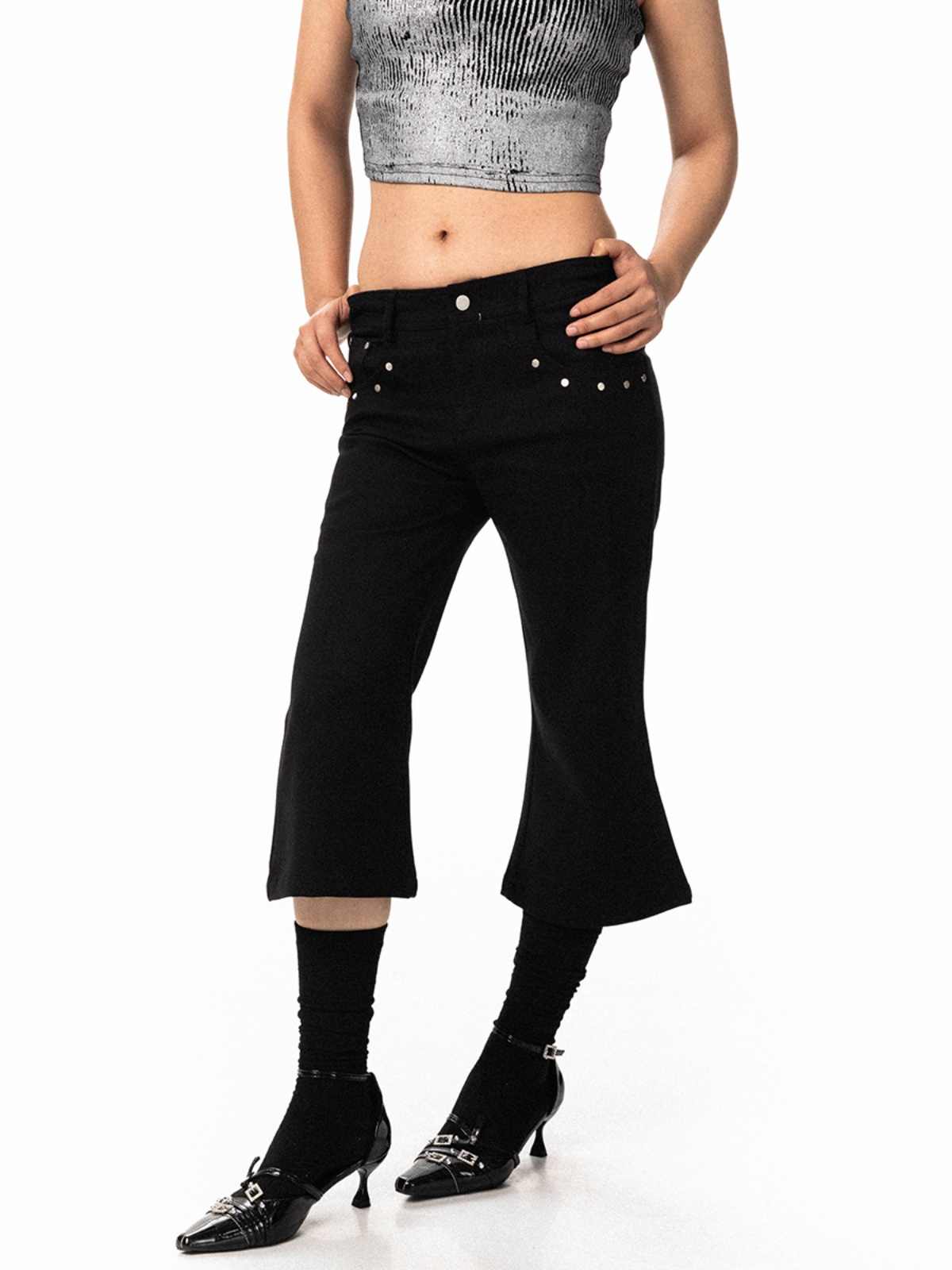 Women's Black Rivet Skinny Jeans Loose Straight Flare Pants